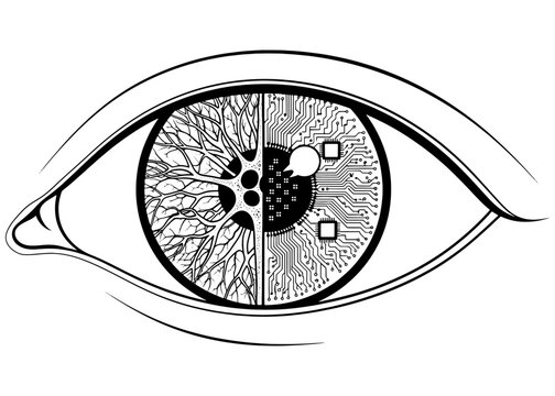  Cyborg eye with half organic neural network and half digital AI circuit board. Futuristic technology and computer vision concept. Vector line art.