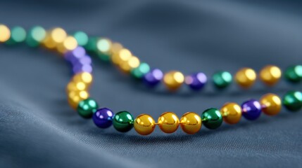 Colorful beads in vibrant hues of purple, green, and gold arranged on soft fabric, capturing the festive spirit of celebration and joy