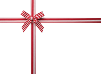 Red and white striped gift ribbon with a neat decorative bow, isolated on black background. Clean festive design element perfect for holiday graphics, gift wrapping layouts, banners, and celebration v