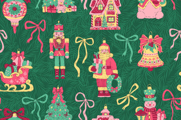 Seamless Christmas pattern. Design with bows, Christmas tree, sleigh, bell, bauble, Santa Claus, nutcracker, gingerbread house, snowman on dark green background. Vintage Christmas ornaments.