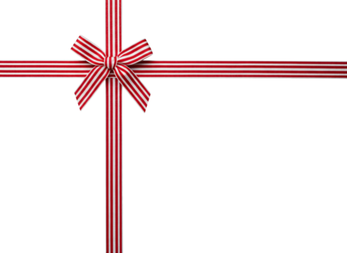 Red and white striped gift ribbon with a neat decorative bow, isolated on black background. Clean festive design element perfect for holiday graphics, gift wrapping layouts, banners, and celebration v