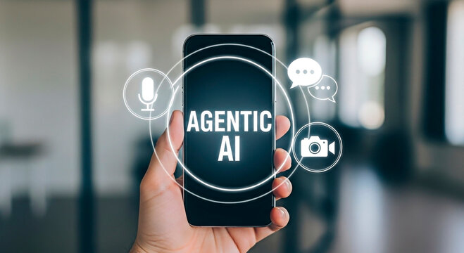 A person holding a phone with Agentic AI text for the concept of technology and modern innovation.