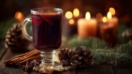 Warm festive drink with spices, perfect for holiday gatherings. Evokes a cozy Christmas atmosphere with candles and natural elements.