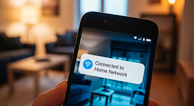 A mobile phone connecting to home network for the concept of smart home technology.