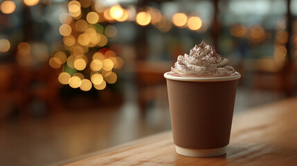Warm and cozy winter drink of hot cocoa topped with whipped cream and chocolate, perfect for Christmas spirit.