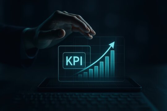 Hand gesture controlling holographic financial kpi analytics chart corporate environment teal neon growth insights under dark lighting