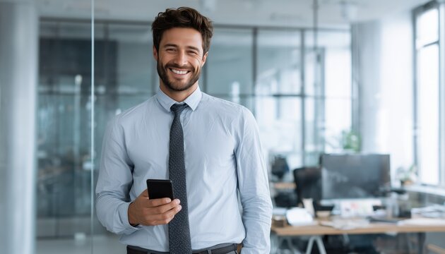 Joyful Young Hispanic Businessman, Using Mobile Phone, Posing In Office. Smiling Ceo, Worker, Or Entrepreneur Gazing At Camera In Portrait.