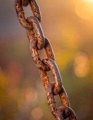 Close-up of a rusty chain links against a blurred, golden background