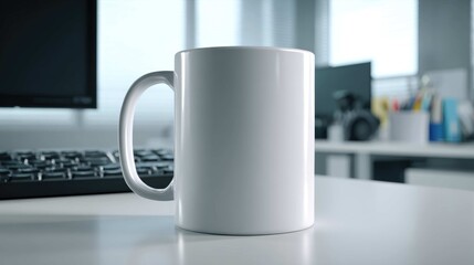 A plain white mug sits on a clean desk in a brightly lit office setting