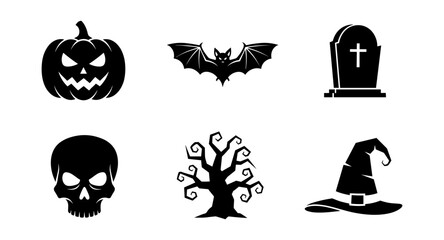 Fototapeta premium Halloween silhouettes: pumpkin, bat, tombstone, skull, tree, witch hat