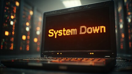 Laptop displays 'System Down' in data center with server racks in background, concept for cybersecurity incident response, IT infrastructure monitoring and disaster recovery planning