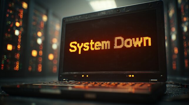 Laptop displays 'System Down' in data center with server racks in background, concept for cybersecurity incident response, IT infrastructure monitoring and disaster recovery planning