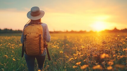 Woman hiking sunset field; peaceful nature, travel