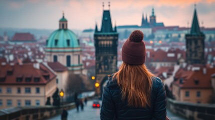 Woman admiring Prague's skyline at sunset, travel photography