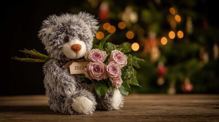 A plush teddy bear clutches pink roses, with a tag reading "2022," against a Christmas tree