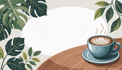 A cozy coffee scene featuring a steaming cup of latte on a wooden table surrounded by green tropical leaves. Ideal for cafe or relaxation themes.