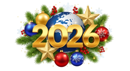 Golden 2026 numbers with globe and festive Christmas ornaments isolated on a transparent background new year