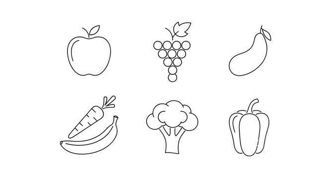 Minimalist line art of fruits and vegetables for healthy living designs