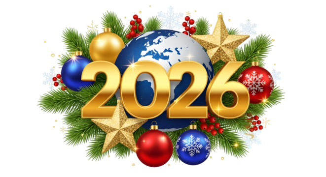 Golden 2026 numbers with globe and festive Christmas ornaments isolated on a transparent background new year