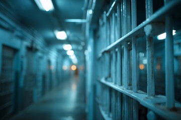 Fototapeta premium Long blue prison hallway with rusty bars and dim lights, concept for justice system illustration, criminal law depiction and correctional facility background