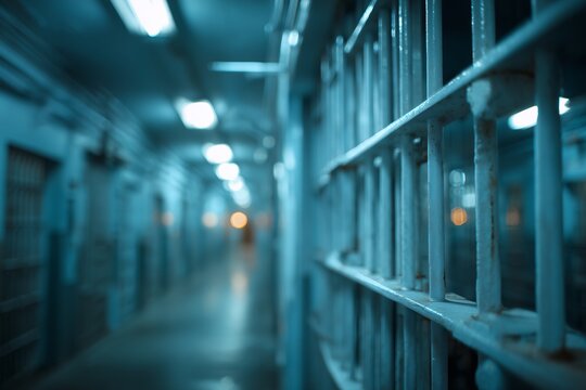 Long blue prison hallway with rusty bars and dim lights, concept for justice system illustration, criminal law depiction and correctional facility background