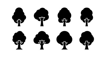 Green tree icon set featuring eight minimalist tree designs for eco-friendly projects