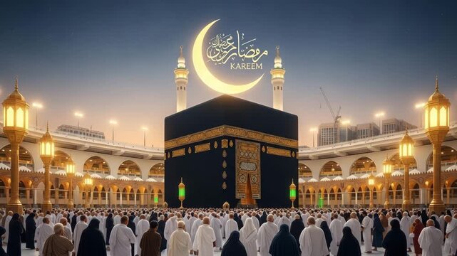 The holy kaaba in mecca with pilgrims and crescent moon for ramadan kareem