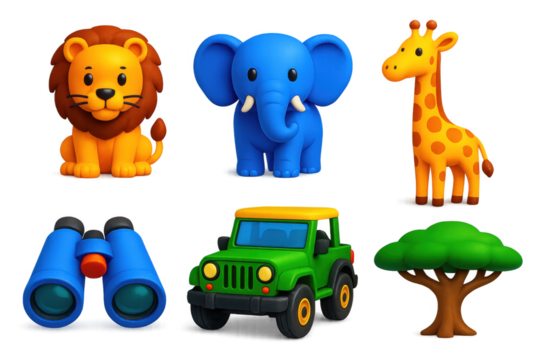 Collection of animal and vehicle icons, including a giraffe, a lion