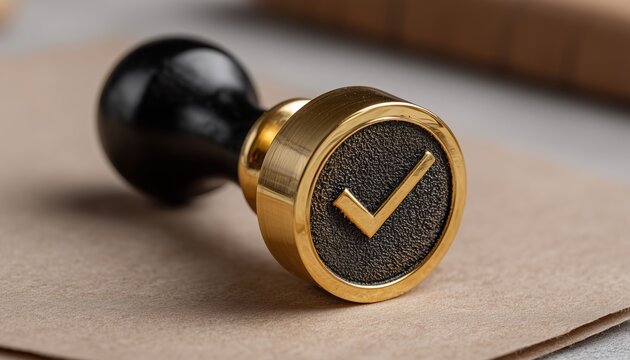 Innovative Gold And Black Rubber Stamp With Tick Design Featuring Patented Technology, Ideal For Professional And Personal Use.