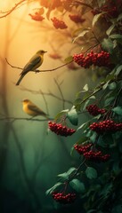 Two yellow birds perched on branches with red berries in a misty forest setting. Soft light filters through the trees, creating a serene atmosphere.