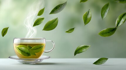 A cup of tea with a leaf floating in it. Concept of relaxation and calmness
