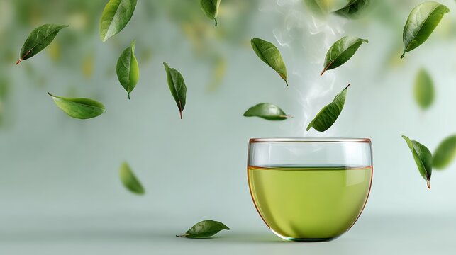 A glass of green tea with leaves floating in the air. Concept of relaxation and tranquility, as the leaves are gently floating in the tea, creating a calming atmosphere