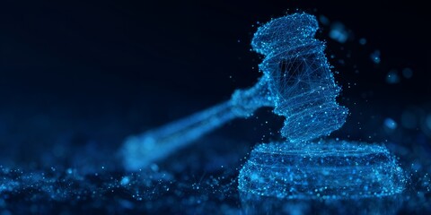 Digital gavel constructed from network nodes against dark backdrop symbolizing justice, concept for law technology, digital rights management and regulatory compliance