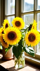 A bouquet of vibrant sunflowers in a glass jar on a wooden table near a window. The sunflowers have bright yellow petals and dark centers.
