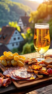 Beer and snacks against the backdrop of the German village. Selective focus. drink.