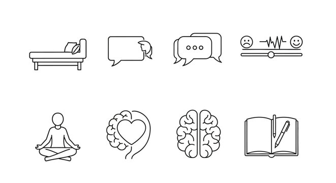 Linear icons of mental health and communication: meditation, brain, emotions