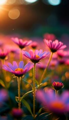 Colorful flowers bloom in a garden during sunset. The scene features vibrant pink and purple petals with green stems, creating a serene and natural atmosphere.