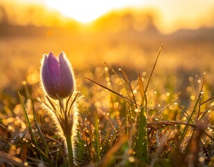 Close-up of a purple wildflower at dawn, bathed in golden sunlight