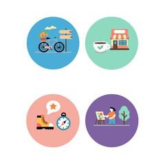 Naklejka premium digital illustration of lifestyle and outdoor hobby icons: cycling, café, hiking, and painting