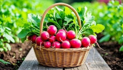 A wicker basket filled with fresh red radishes sits on a wooden path in a vibrant garden. Green leaves surround the radishes, showcasing a healthy harvest.