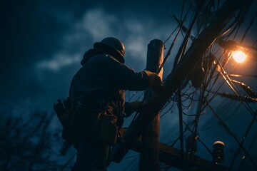 Electrician working on a power pole at night under cloudy sky, concept for utility infrastructure maintenance, emergency power restoration and skilled trades occupations