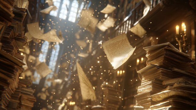 Stacks of old books and flying papers in a vintage library with candles light, concept for historical research, antique knowledge and fantasy storytelling