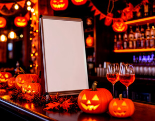 A festive Halloween bar scene with carved pumpkins, orange decorations, and two glasses of rose wine on a wooden counter.