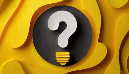 Layered Papercut Sticker Featuring A Quiz On Label With Dark Circle, Yellow Folded Strip Of Cardboard, White Bulb, And Question Mark For Ad Flyer.