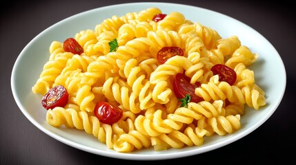 A plate of pasta with tomatoes and parsley. The pasta is yellow and the tomatoes are red