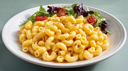A white plate with a yellow pasta dish topped with a green salad. The pasta is cooked and has a slightly chewy texture, while the salad is fresh and crunchy