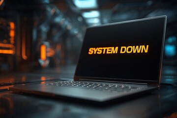 Laptop displaying "System Down" on screen in futuristic setting with dark background, concept for cyber security alerts, emergency notifications and technology failure representation