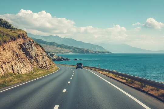 Driving along a coastal highway with a scenic view of the ocean and mountains