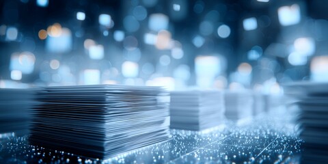 Stacks of documents in cool blue tones, with blurred digital background, concept for data processing, information management and digital transformation