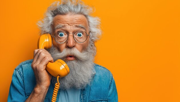 Eccentric Senior Man In Blue Shirt Having Fun On Vintage 80s Telephone, Making Silly Faces And Expressing Emotions. Elderly Grandfather On Orange Background.